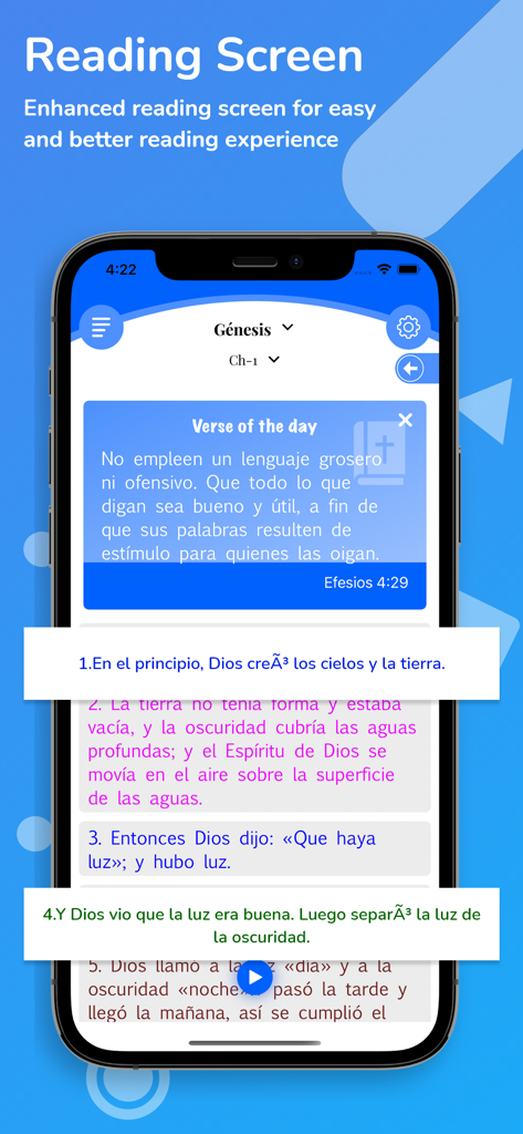 Holy Bible Reina Valera +Audio - Reading screen of the Reina Valera Bible app in Spanish showing scripture and verse of the day.