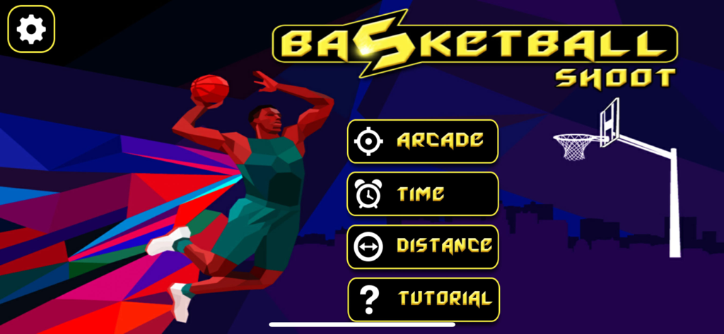 Basketball Shooting Game: Dunk - Menú principal de Basketball Shooting Game Dunk mostrando los modos de juego y un jugador estilizado.