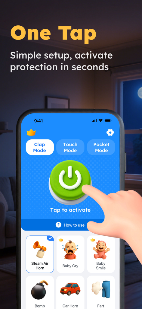 ClapBack: Antilost - Interface of the ClapBack app showing a large green button for one tap activation of anti-lost protection modes.