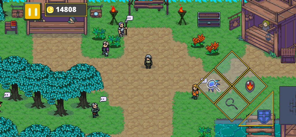 Labyrinth Legend - A top down pixel art view of the village hub in Labyrinth Legend showing NPCs and the gameplay interface