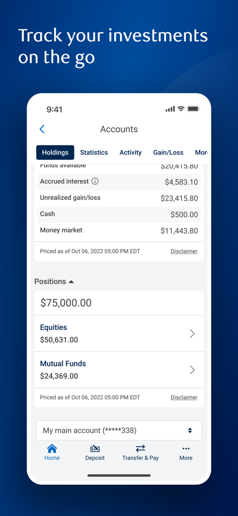 RBC WM Online U.S. - The RBC Wealth Management mobile app interface showing investment holdings and account balance details on an iPhone.