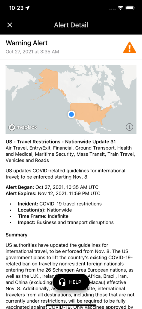 Crisis24 Horizon Mobile - Detailed view of a travel warning alert for United States travel restrictions in the Crisis24 Horizon Mobile app