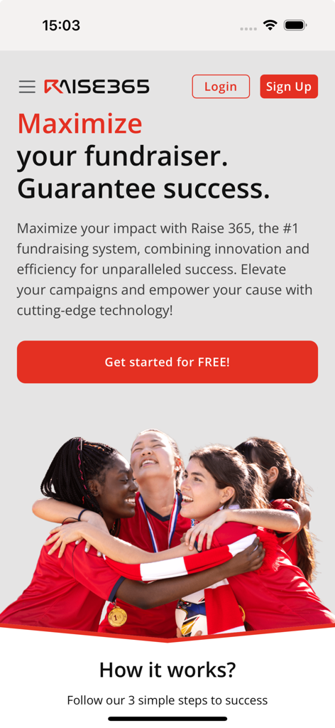 RAISE365 app home screen featuring a group of celebrating athletes and a call to action to maximize fundraising success.