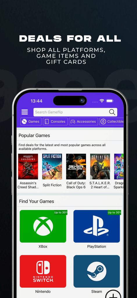 Gameflip - Buy & Sell - Interfaccia dell'app Gameflip che mostra giochi popolari e offerte per piattaforme Xbox, PlayStation, Nintendo e Steam