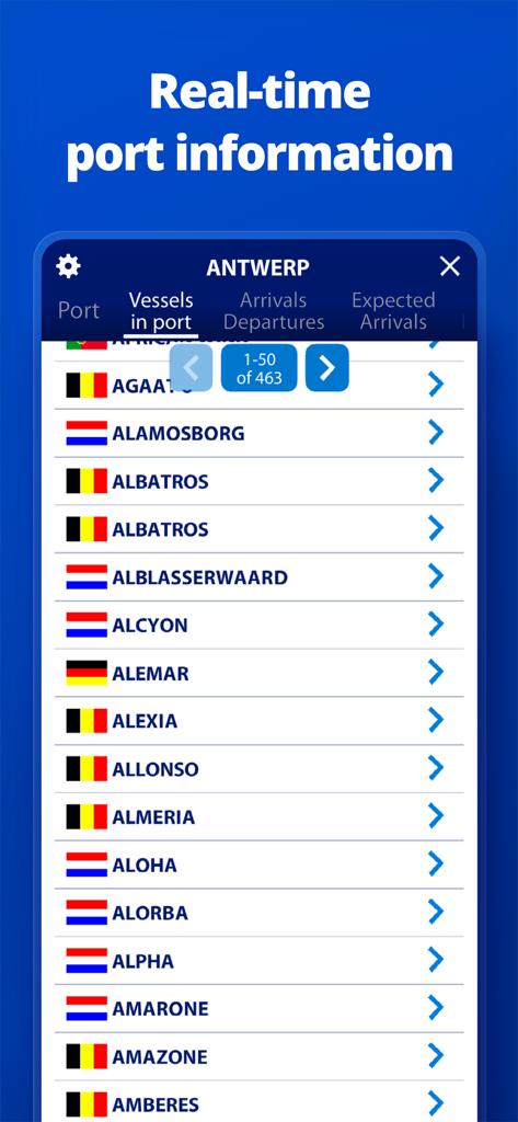 Screenshot of MarineTraffic app showing a list of vessels currently in the port of Antwerp