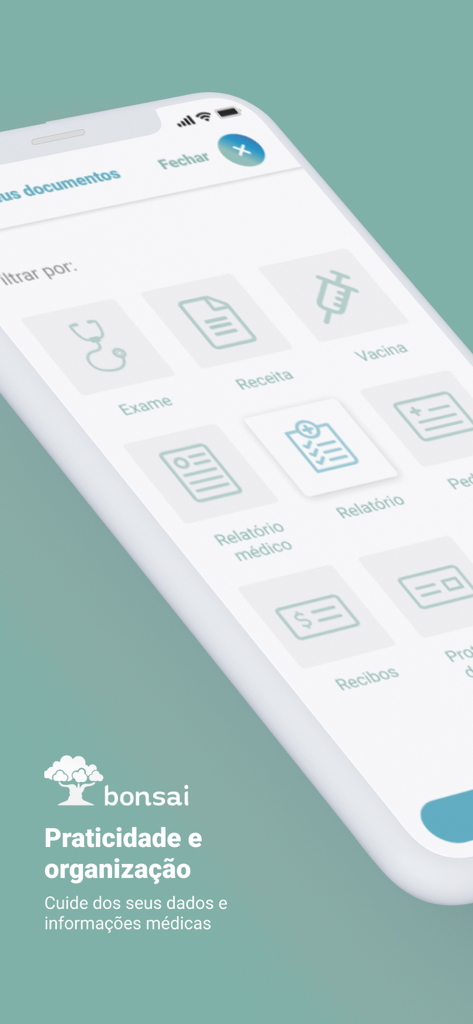 Bonsai - Saúde da sua família - Screenshot of the Bonsai health app interface displaying categories for organizing medical documents like exams, prescriptions, and vaccines.