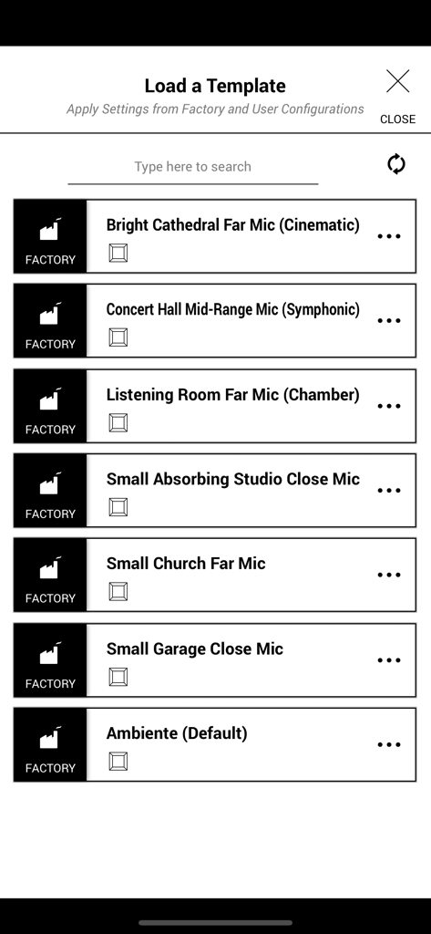Ambiente Room Simulator - A list of factory acoustic templates in the Ambiente app showing options like Bright Cathedral and Concert Hall.