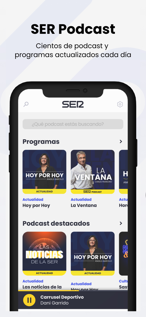 Cadena SER mobile app screen showing a list of Spanish radio programs and featured podcasts