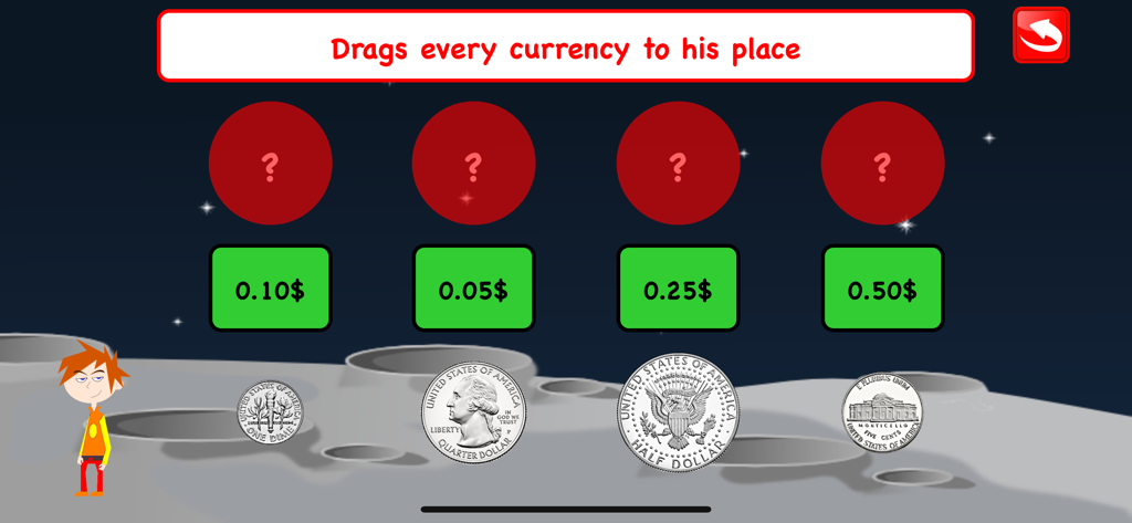Coins Math Learning Games Kids - A math learning game interface where children match US coins like dimes and quarters to their dollar values