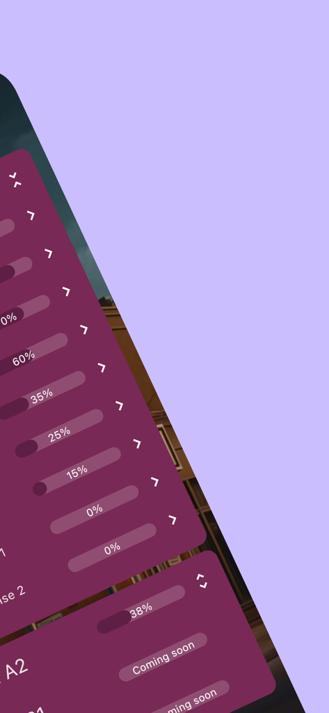Pantalla de aplicación móvil que muestra porcentajes de progreso para varios módulos de examen de alemán A1 y A2