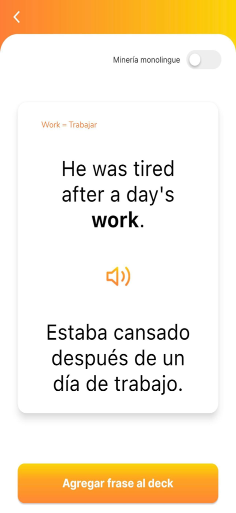 RAIO App - RAIO app interface showing an English to Spanish sentence translation card for learning vocabulary in context.
