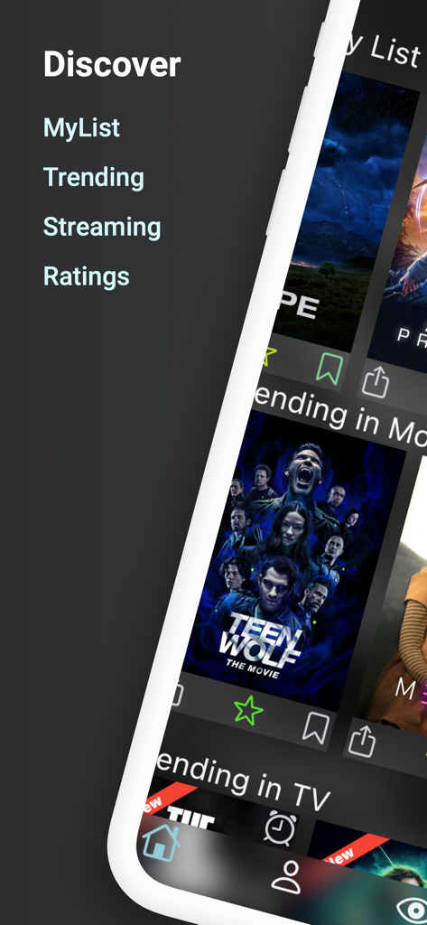 A interface do aplicativo móvel BingeWatch mostrando filmes em alta e categorias de descoberta.