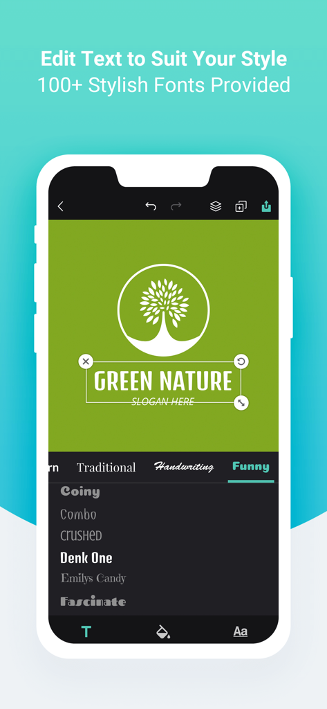 Mobile screen showing text editing and various font options in the DesignEvo logo maker app