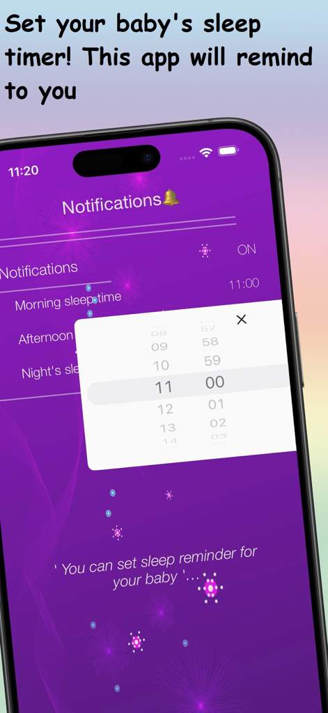 Pantalla de teléfono inteligente que muestra la configuración del horario de sueño del bebé y del temporizador de notificaciones