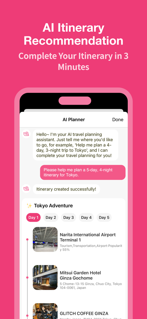 Funliday - Travel Planner - Funliday app AI itinerary recommendation screen showing a generated 5-day travel plan for Tokyo.