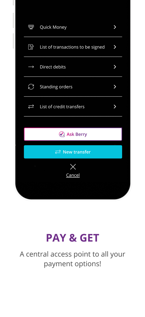 Menú de la aplicación de banca móvil BILnet para transferencias y pagos