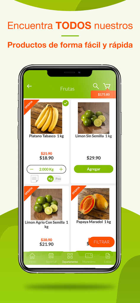 Fresko - Interfaz de la aplicación móvil Fresko mostrando una variedad de frutas frescas como plátanos y limas con precios y ofertas especiales