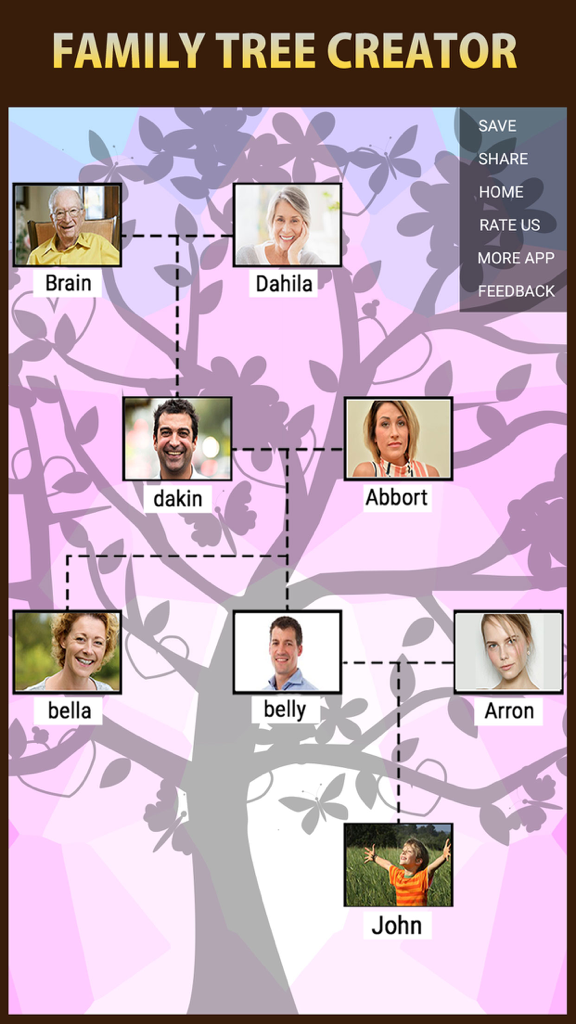 A visual family tree chart with portrait photos of family members on a decorative purple tree background.