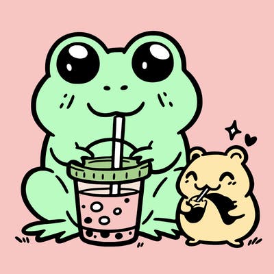 cute frog drinking boba with a capybara