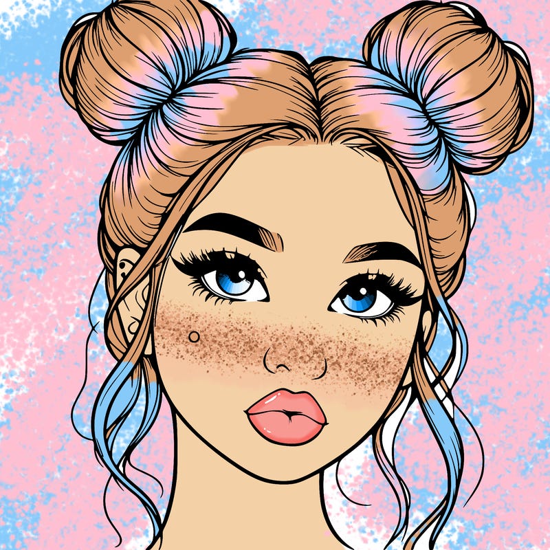 realistic girl with two buns on her hair and lips