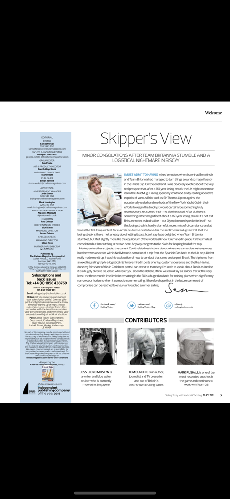 Página editorial Skipper's View e seção de colaboradores no aplicativo Yachts and Yachting Magazine.
