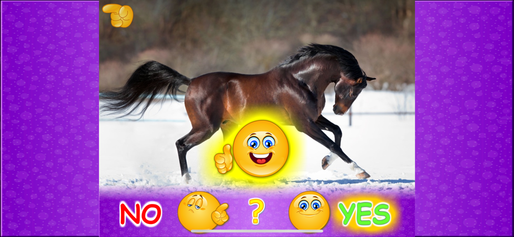 Animal picture games for kids - Brown horse in a snowy field within a children's educational quiz game featuring yes and no options.