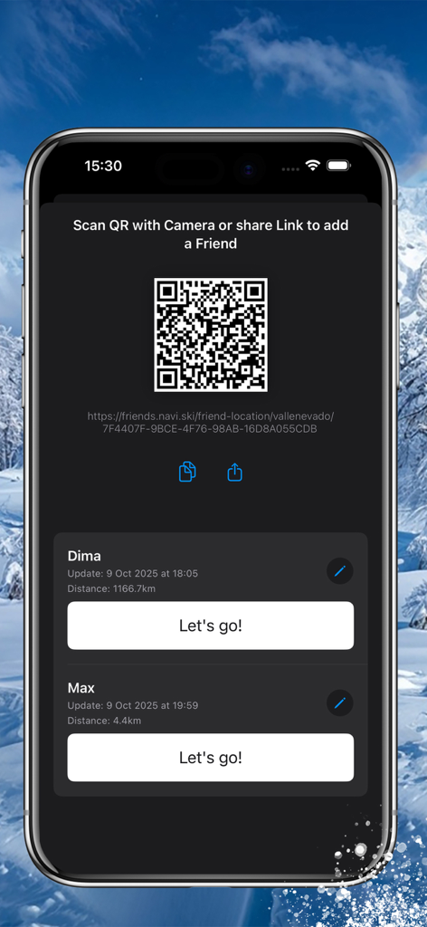 Valle Nevado Ski - Valle Nevado Ski app screen showing QR code and list of friends for location sharing on the mountain