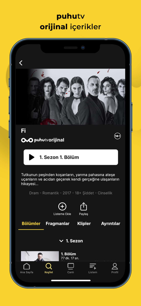 puhutv - Interfaz de la aplicación móvil puhutv que muestra detalles y opciones de reproducción para la serie original Fi
