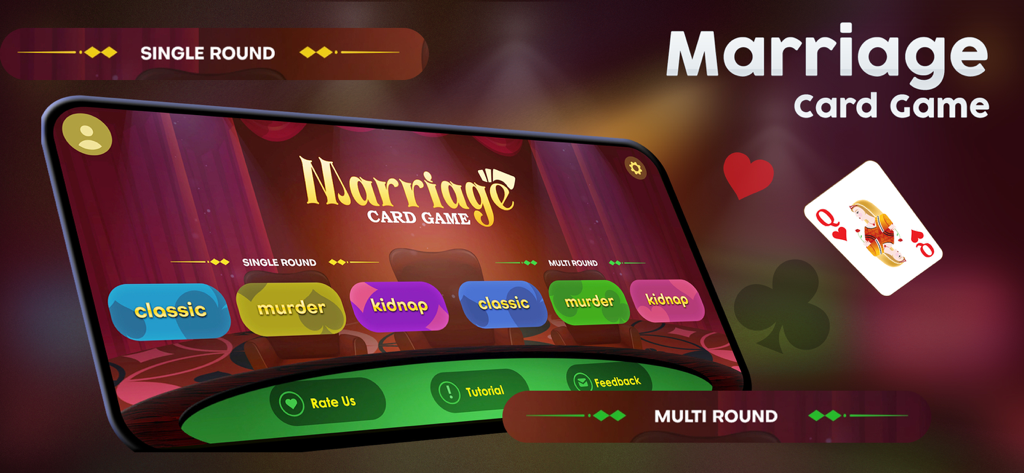 Marriage Cards Game - Main menu of Marriage card game showing classic murder and kidnap game modes for single and multi rounds.