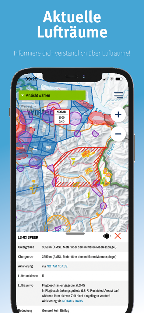 burnair Map - A smartphone showing the burnair Map app interface with detailed paragliding airspace zones and flight planning data.