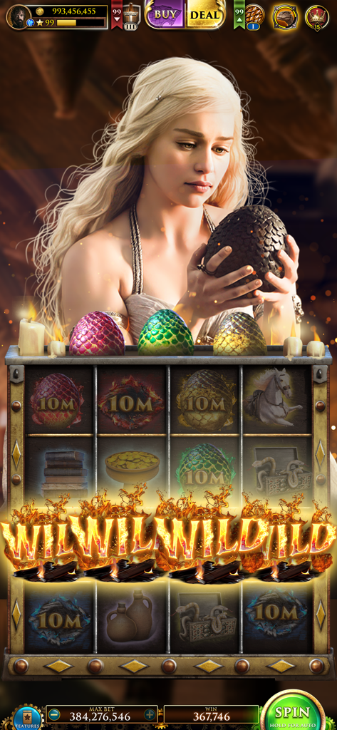 Gameplay di Game of Thrones Slots Casino con Daenerys Targaryen e tema uovo di drago