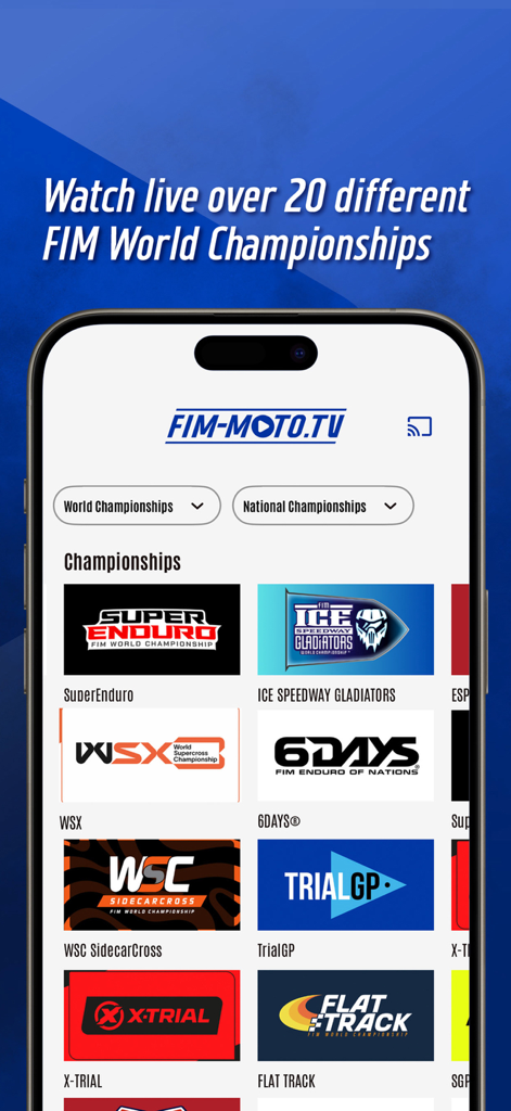 FIM-Moto TV - Interface de l'application FIM-Moto TV affichant divers championnats de courses motos comme le SuperEnduro et le TrialGP