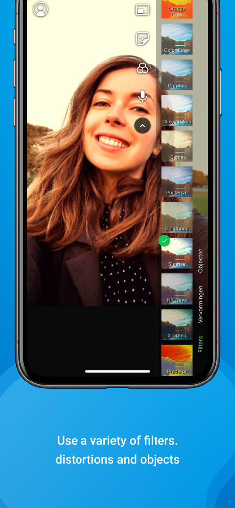 ManyCam - Easy live streaming. - ライブ配信用のリアルタイムビデオフィルターとエフェクトを表示するManyCamモバイルアプリのインターフェース。