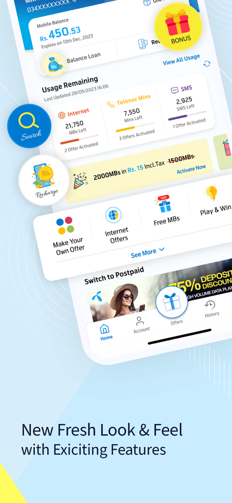 My Telenor - My Telenor mobile app dashboard showing mobile balance and remaining internet minutes and sms usage