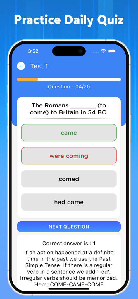 English Grammar Test 2025 - English grammar quiz interface showing a past tense question with instant feedback and explanation