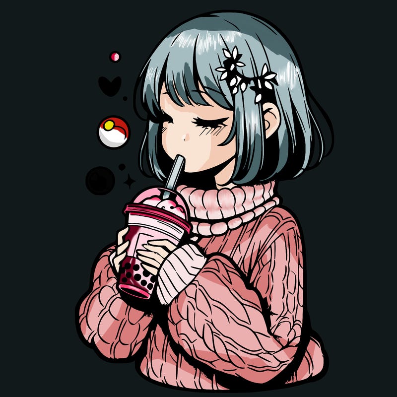manga girl drinking boba in cozy sweater