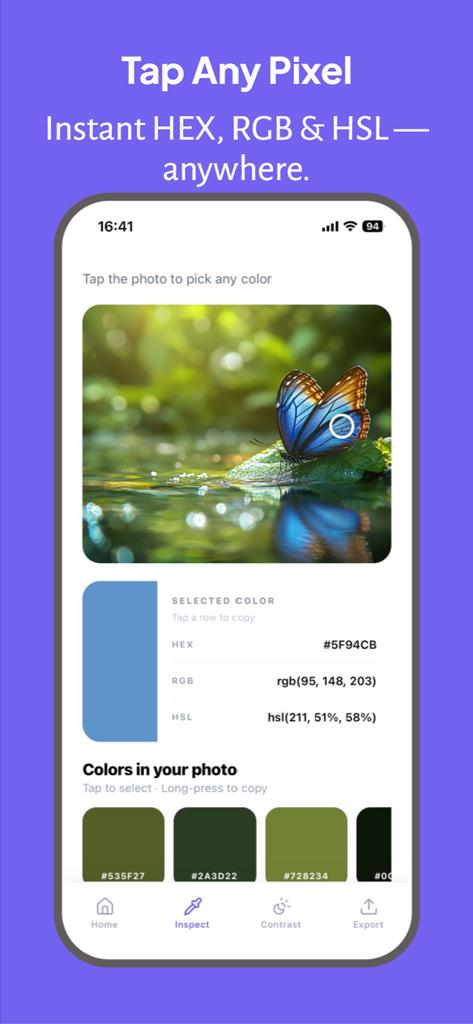 ColorAudit: Palette Extractor - Interface de l'application ColorAudit montrant l'outil de sélection de pixels extrayant des valeurs HEX, RVB et TSV d'une photo d'un papillon