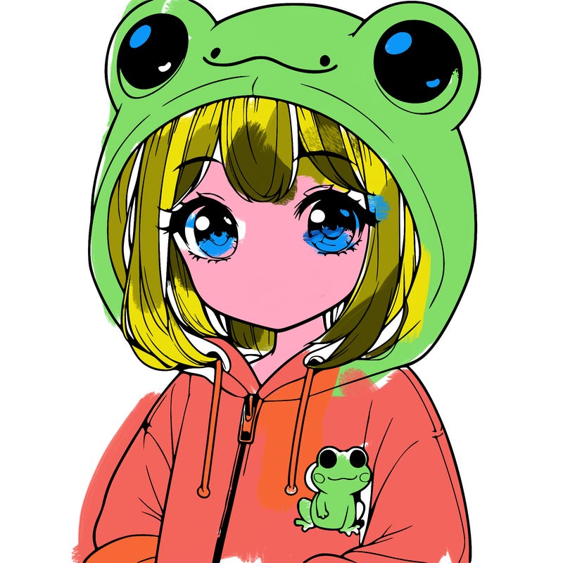 cute realistic girl in a froggy hoodie