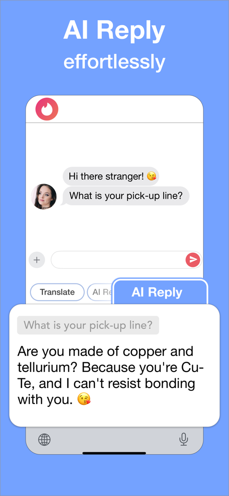 TyprAI: AI Keyboard & Writer - TyprAI keyboard generating a witty AI pick up line response for a dating app conversation
