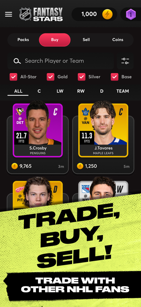 Interface of the NHL Fantasy Stars app showing the marketplace for trading and buying hockey player cards.