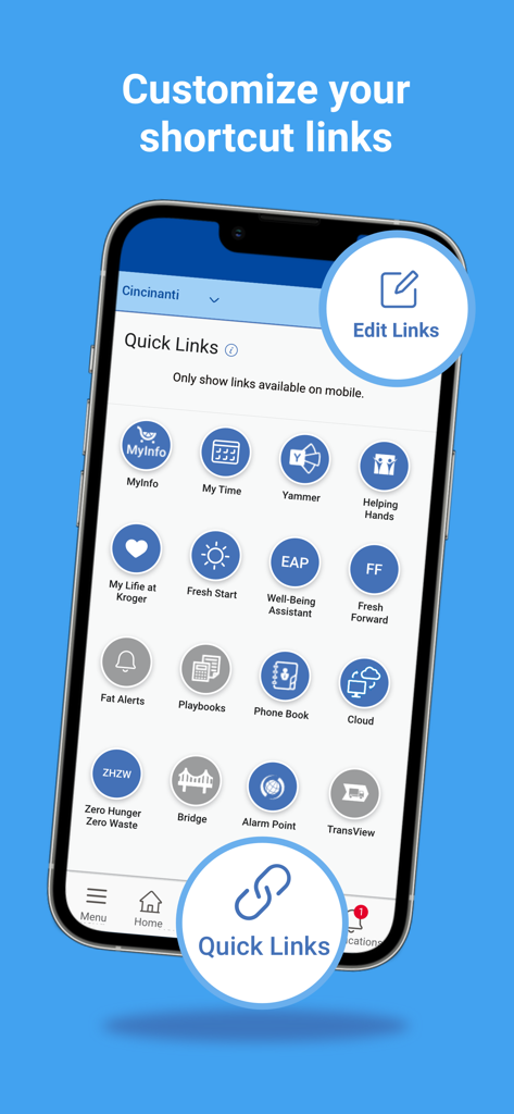 FEED Mobile - Smartphone screen displaying the FEED Mobile app quick links customization feature for employees
