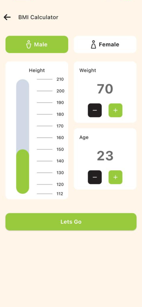Fitness Kitchen App - Fitness Kitchen App BMI calculator screen showing inputs for gender, height, weight, and age