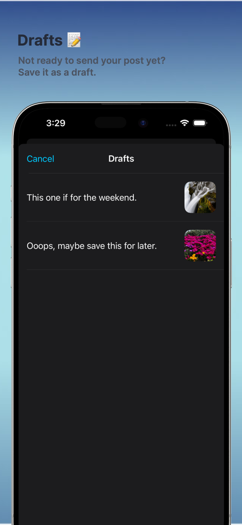 Interface of the drafts feature in the Skeets for Bluesky app showing saved posts