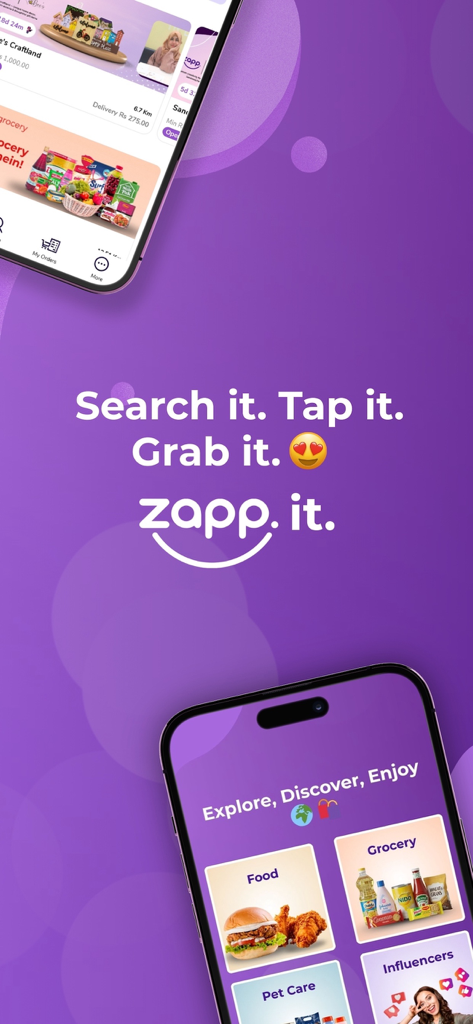 Zapp - Shop Anytime Anywhere - Mobile phone screens showing the Zapp app with categories for food and grocery delivery