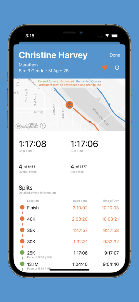 Live marathon tracking and race splits for a participant on the Mtec Results app