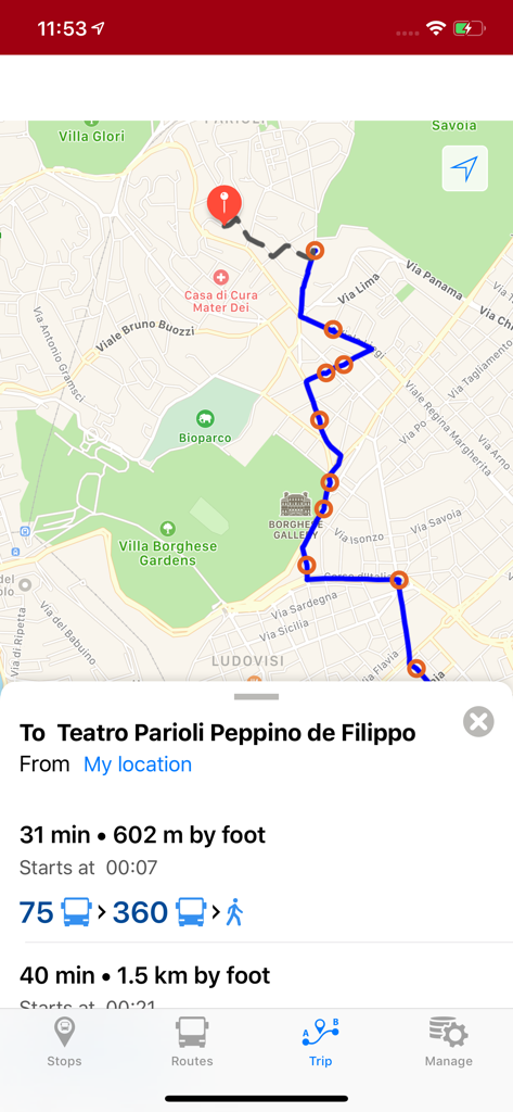 Bus Roma app screenshot showing a transit trip route on a map of Rome with walking and bus directions