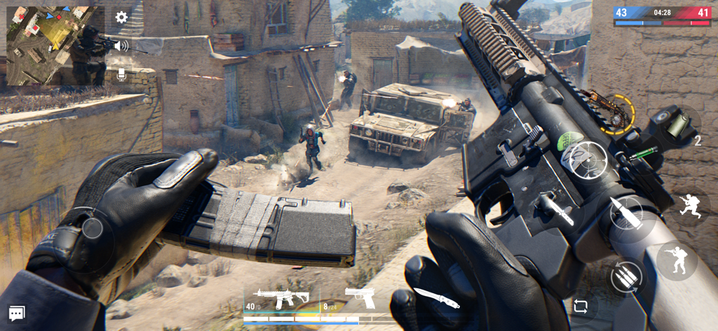 First person perspective of a player reloading an assault rifle in a tactical combat mission