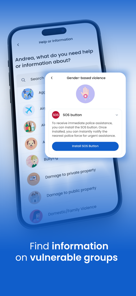 AlertCops app interface showing the SOS button installation for gender-based violence and a list of incident report categories