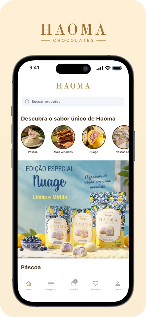 Haoma - Chocolate de Origem - Der Startbildschirm der Haoma Chocolate App, der Premium Bean-to-Bar-Schokoladenprodukte anzeigt