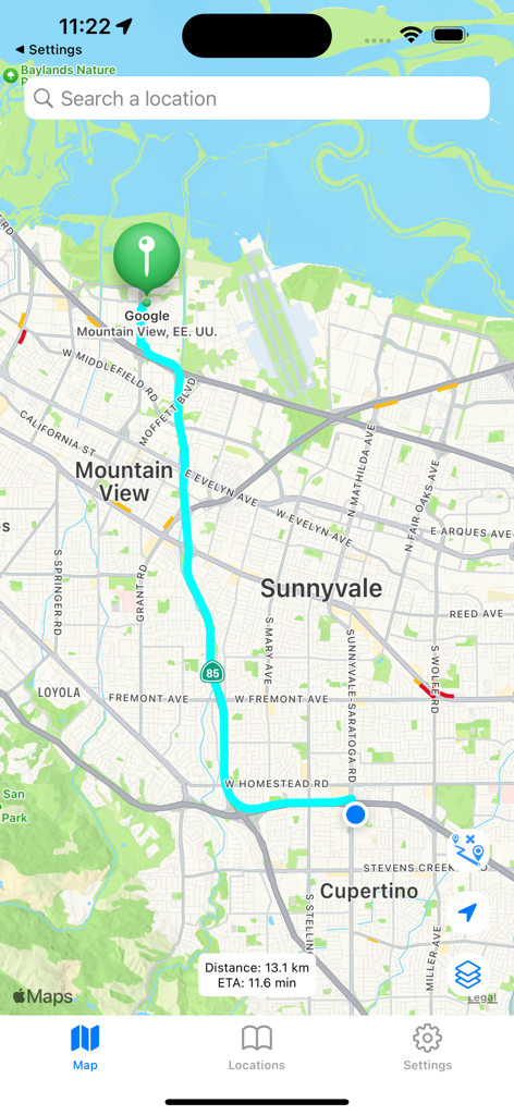 Navigationsroute mit Entfernung und ETA auf der Karte von Mein Standortmanager